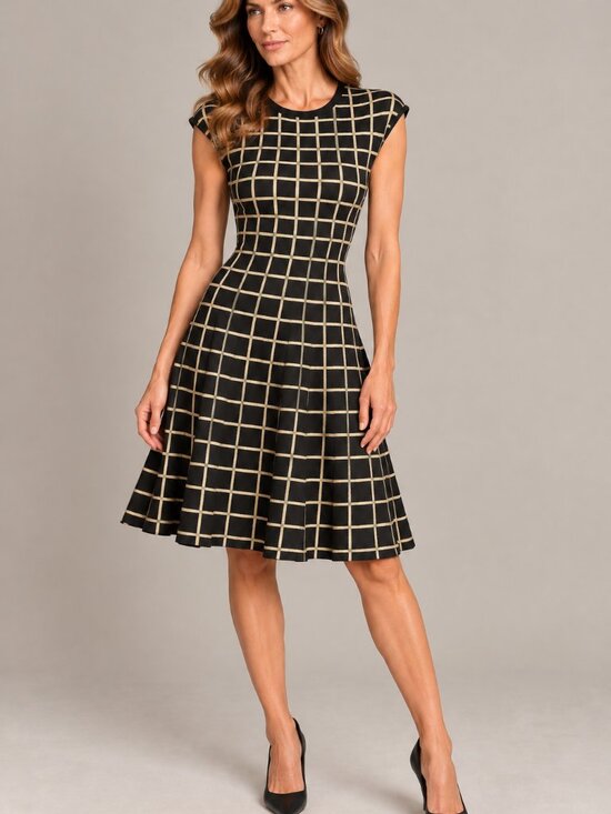 Gabby Skye Dresses & Skirts - Gabby Skye Black and Tan Windowpane Fit-and-Flare Dress. EUC